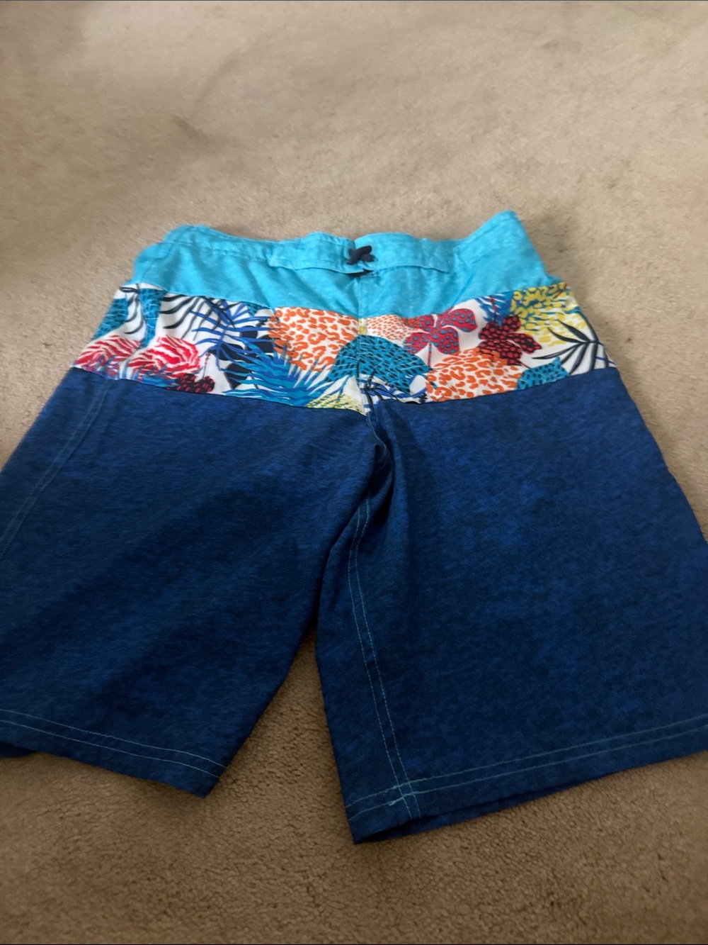 wonder nation Turquoise Waistband Navy Blue Floral-Accent Swim Shorts